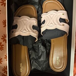 Celine Women's Cream and Tan Slide Sandals